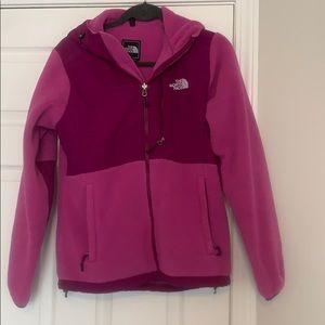 Pink/purple hooded Denali north face jacket